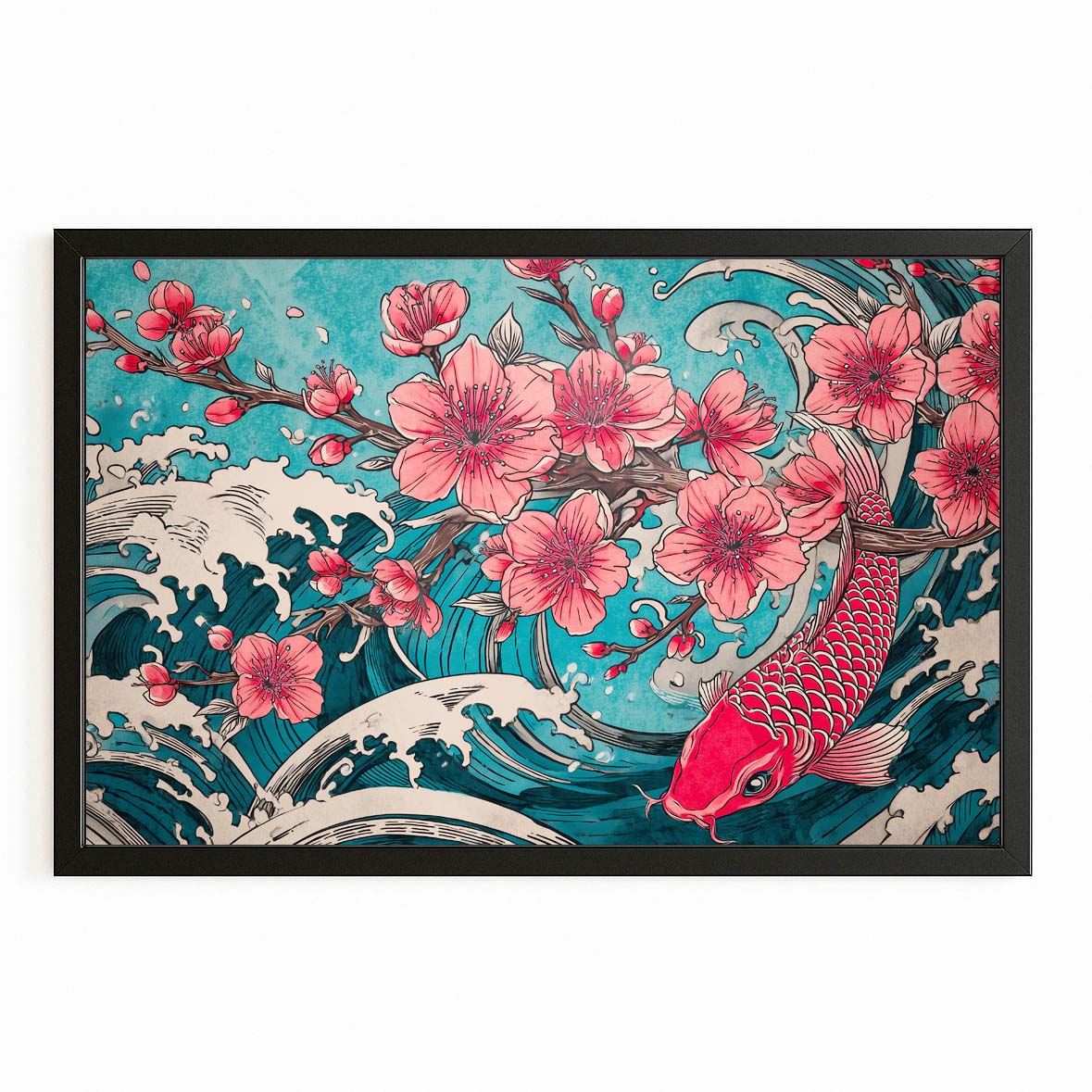 Koi Wave Petals Cherry Blossom Wall Decor – with Premium Black frame on white background