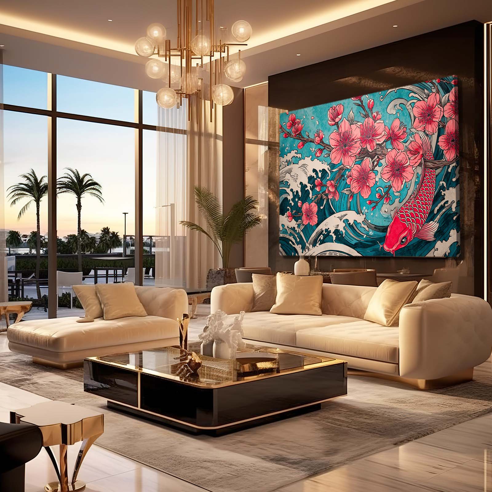Koi Wave Petals Cherry Blossom Wall Decor – styled in a furnished interior