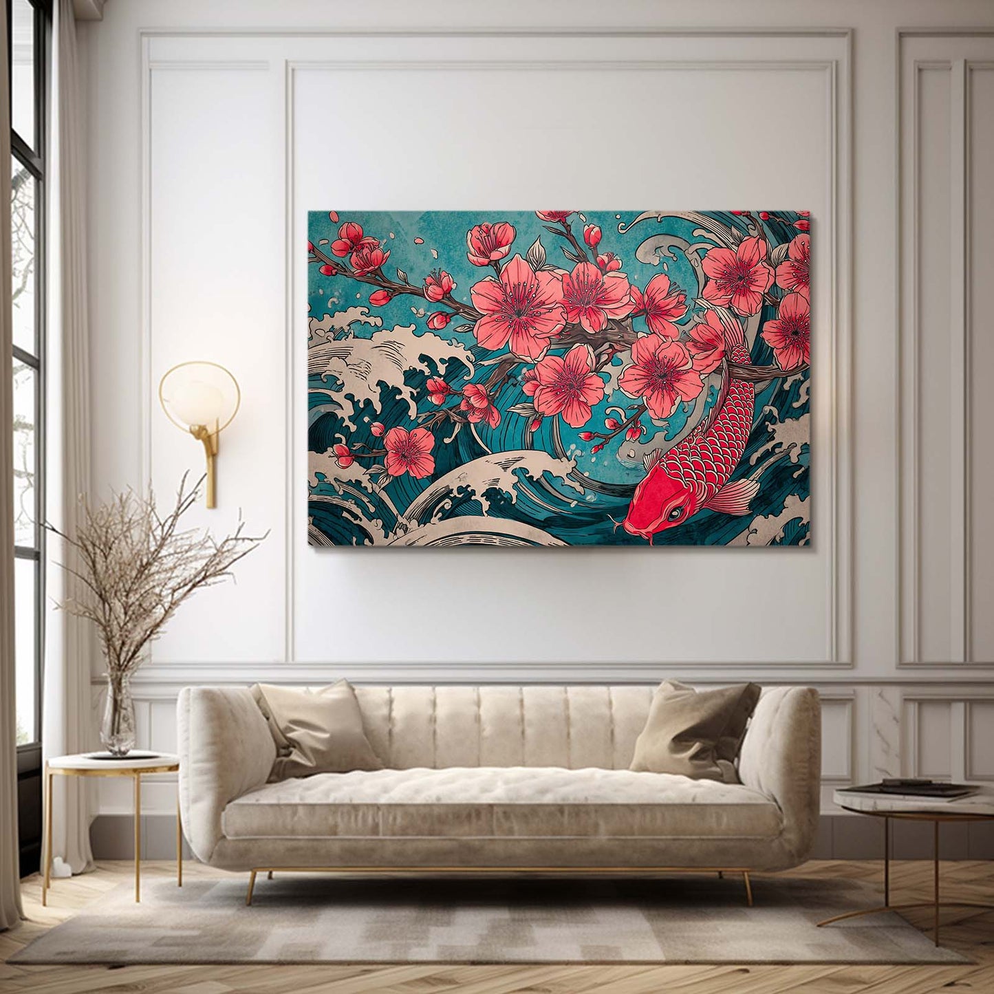 Koi Wave Petals Cherry Blossom Wall Decor – styled in a furnished interior
