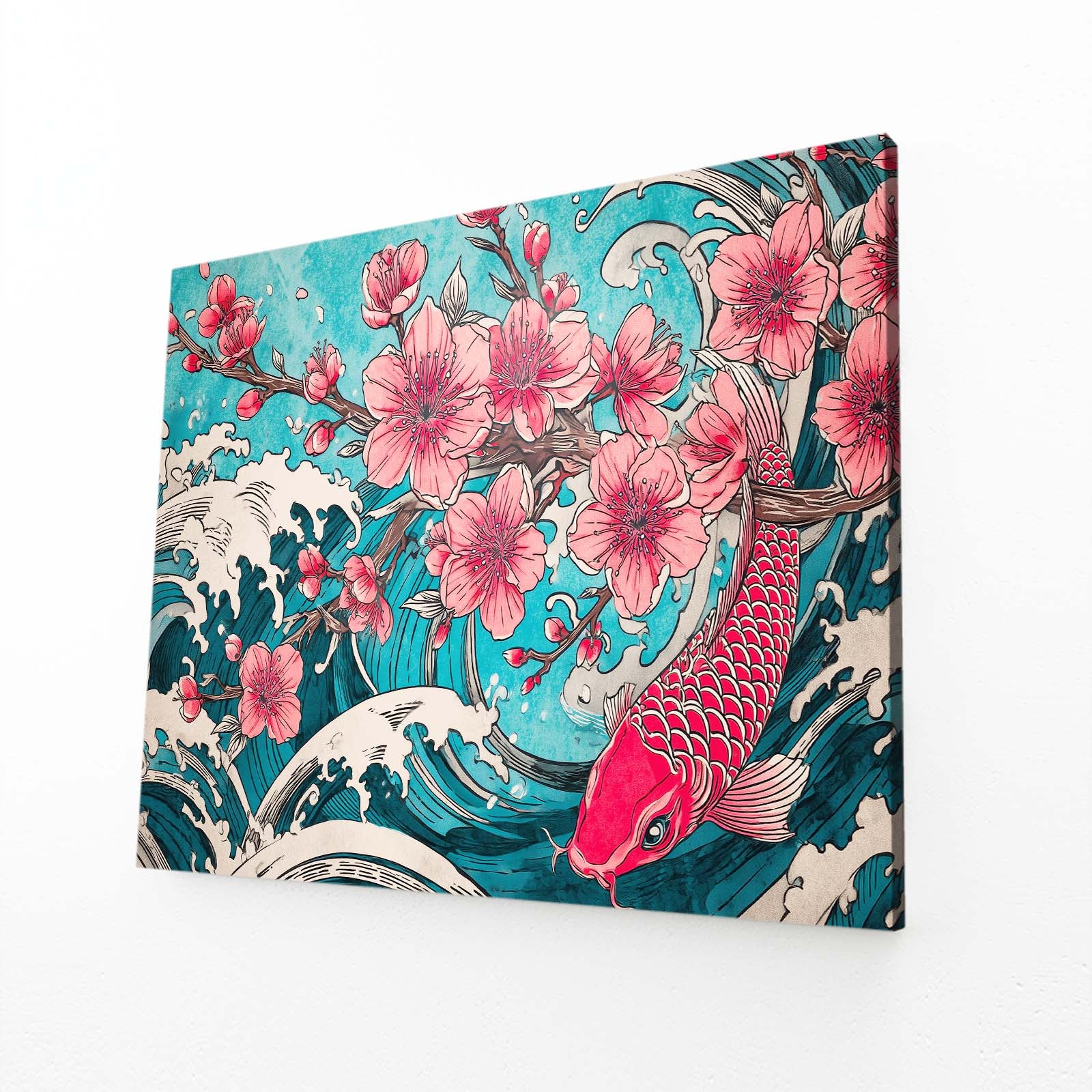 Koi Wave Petals Cherry Blossom Wall Decor – angled canvas view on white background