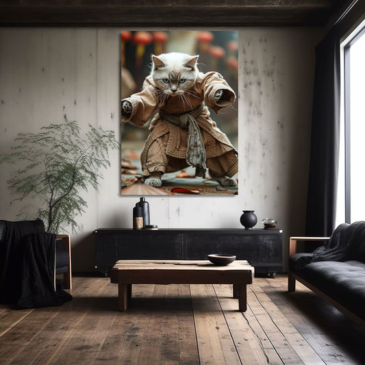 Kung Fu Cat Warrior Art — anime canvas print in brown tones, view 3