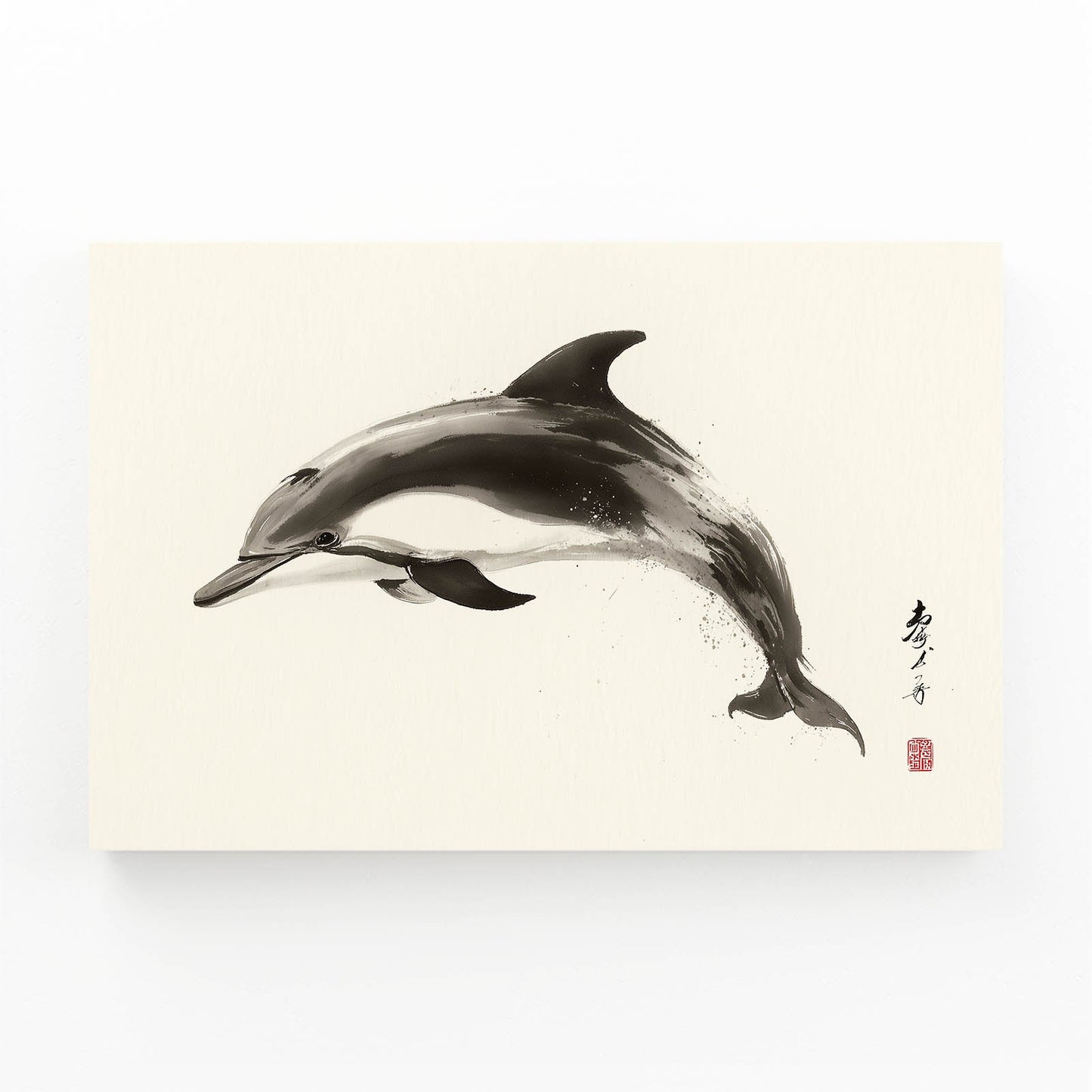 Kyoto Ink Dolphin Wall Art – sumi-e ink dolphin pair gliding on warm cream with a red artist seal