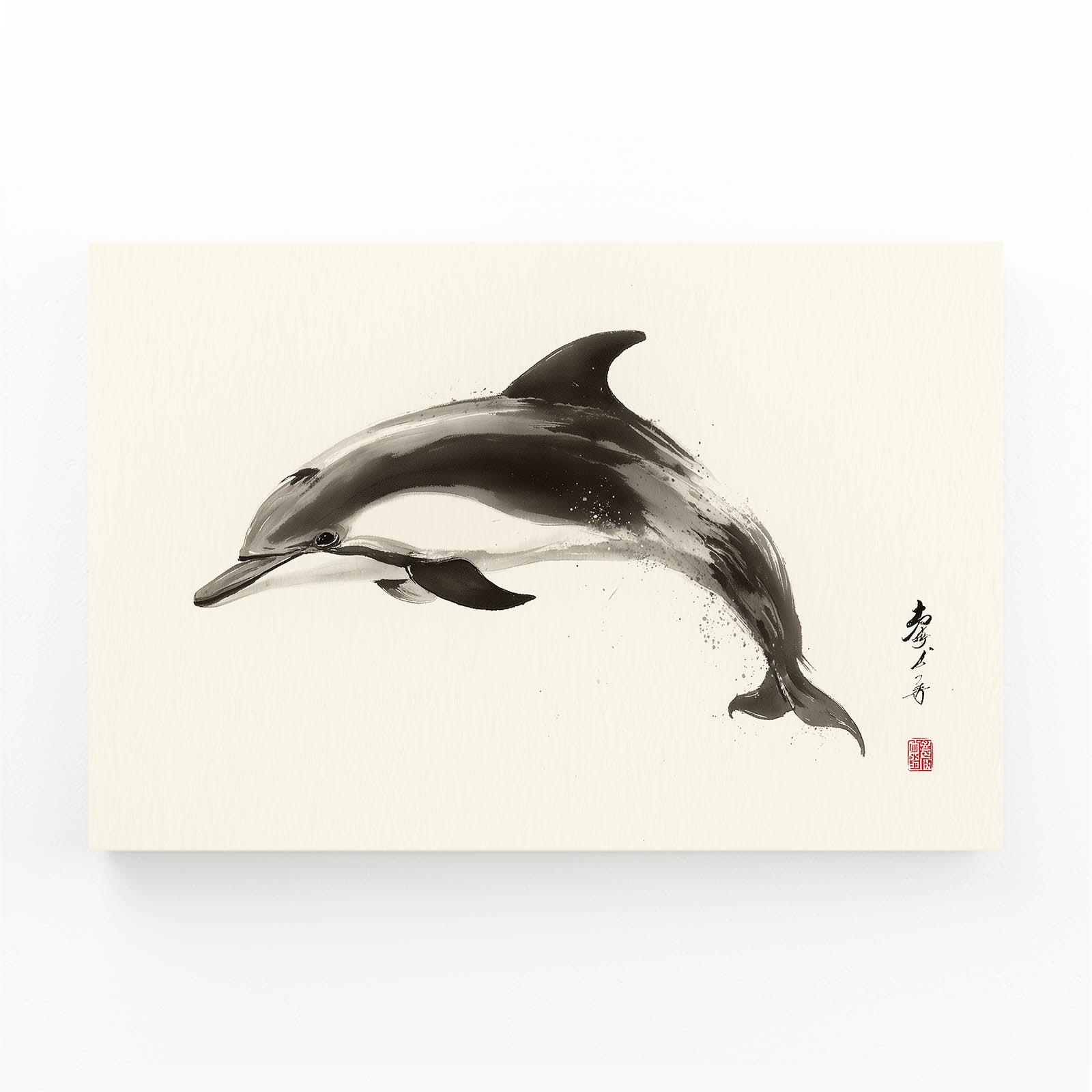 Kyoto Ink Dolphin Wall Art – sumi-e ink dolphin pair gliding on warm cream with a red artist seal
