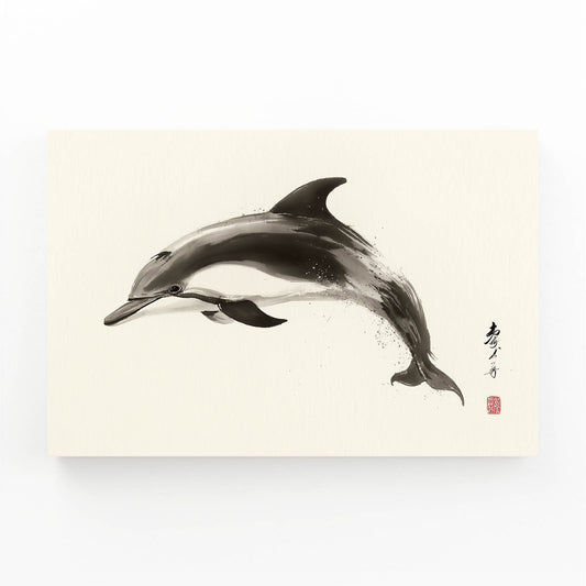 Kyoto Ink Dolphin Wall Art – sumi-e ink dolphin pair gliding on warm cream with a red artist seal