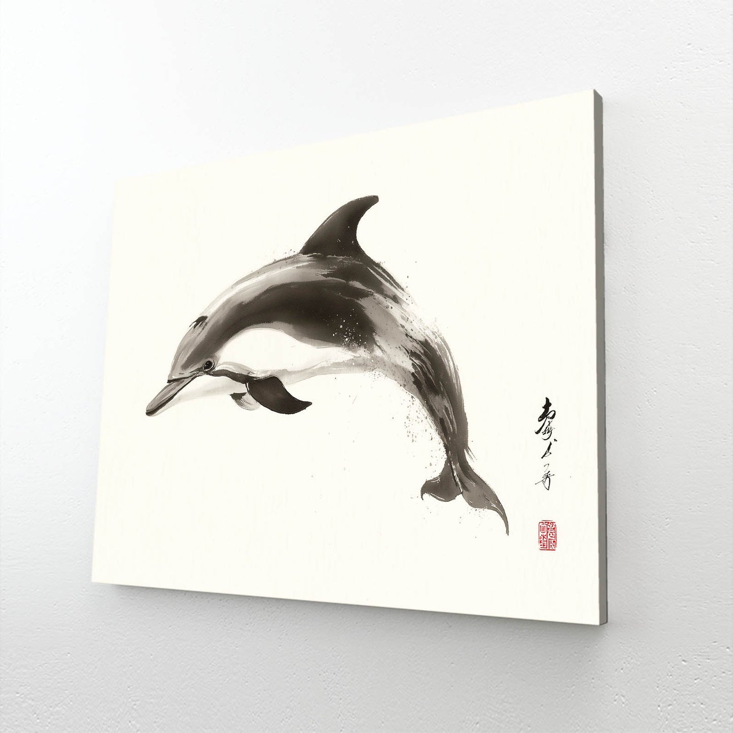 Kyoto Ink Dolphin Wall Art – angled canvas view on white background