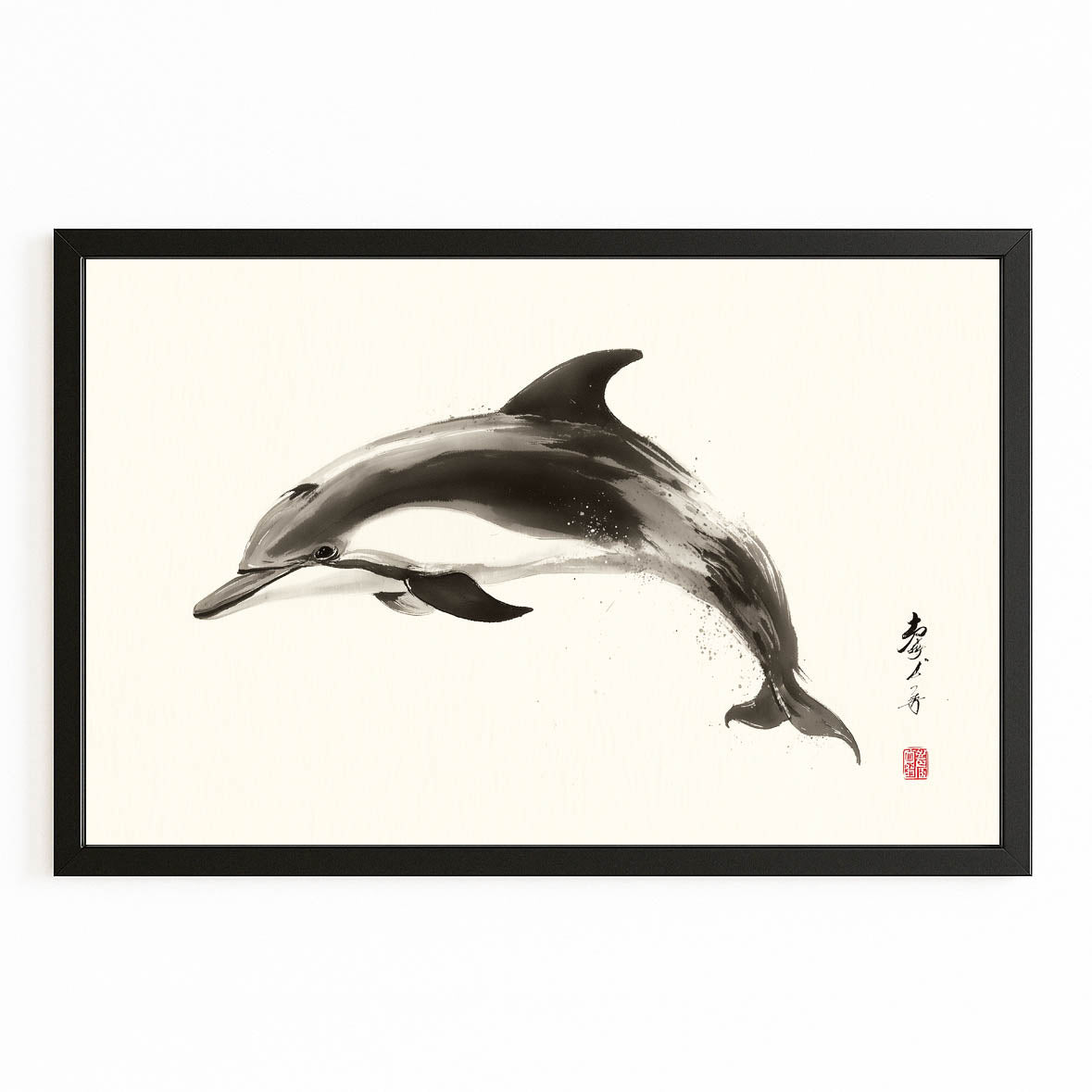 Kyoto Ink Dolphin Wall Art – with Premium Black wood frame on white background