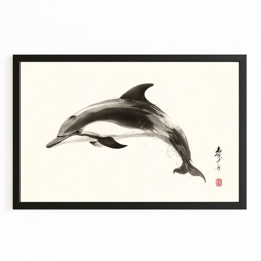 Kyoto Ink Dolphin Wall Art – with Premium Black wood frame on white background