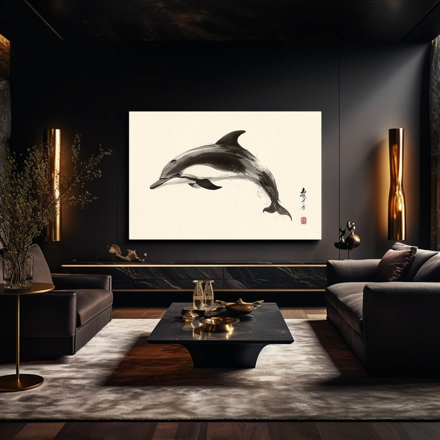 Kyoto Ink Dolphin Wall Art – styled in a furnished interior