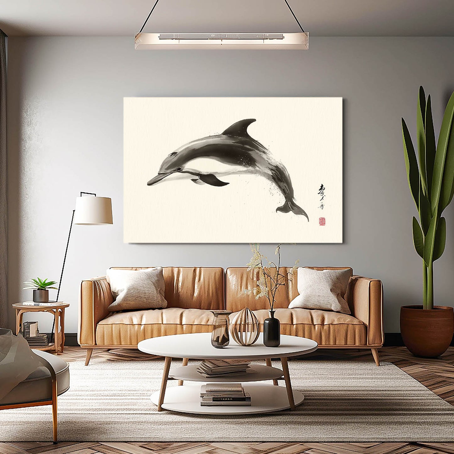 Kyoto Ink Dolphin Wall Art – styled in a furnished interior
