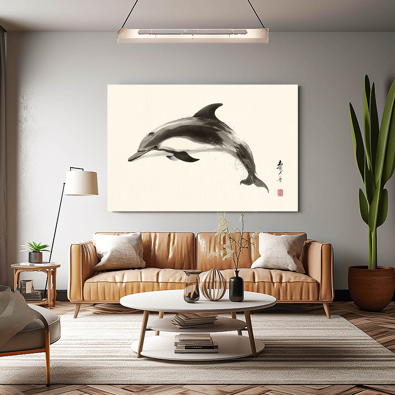 Kyoto Ink Dolphin Wall Art – styled in a furnished interior