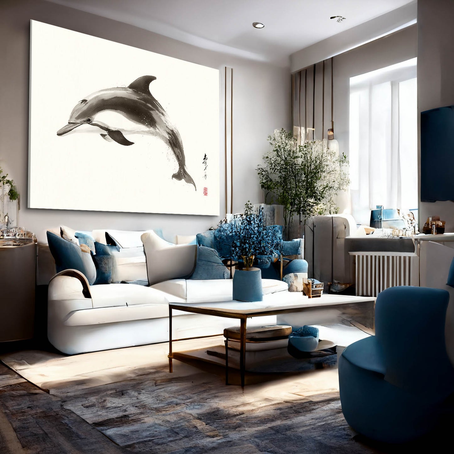 Kyoto Ink Dolphin Wall Art – styled in a furnished interior