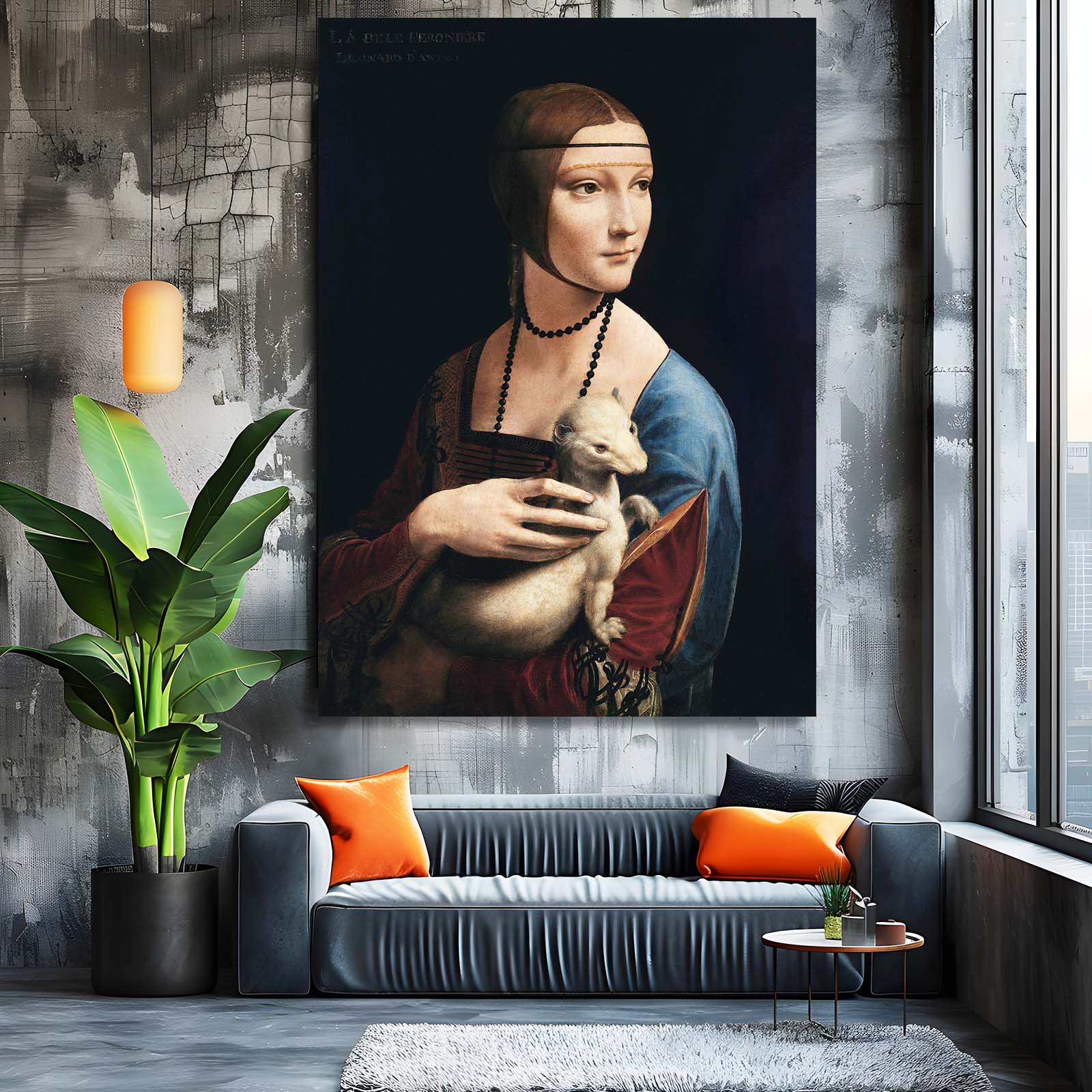 Lady With An Ermine Da Vinci Art – styled in a furnished interior