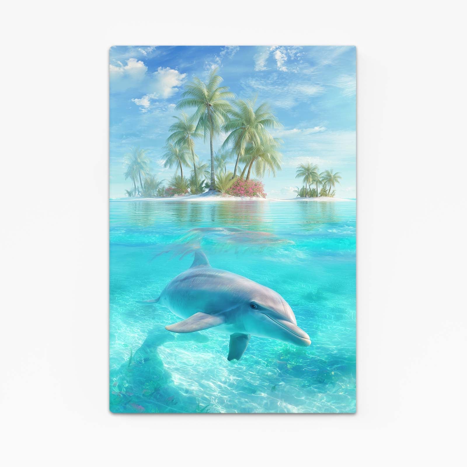 Lagoon Paradise Dolphin Art – dolphin cruising crystal lagoon shallows in front of a palm island