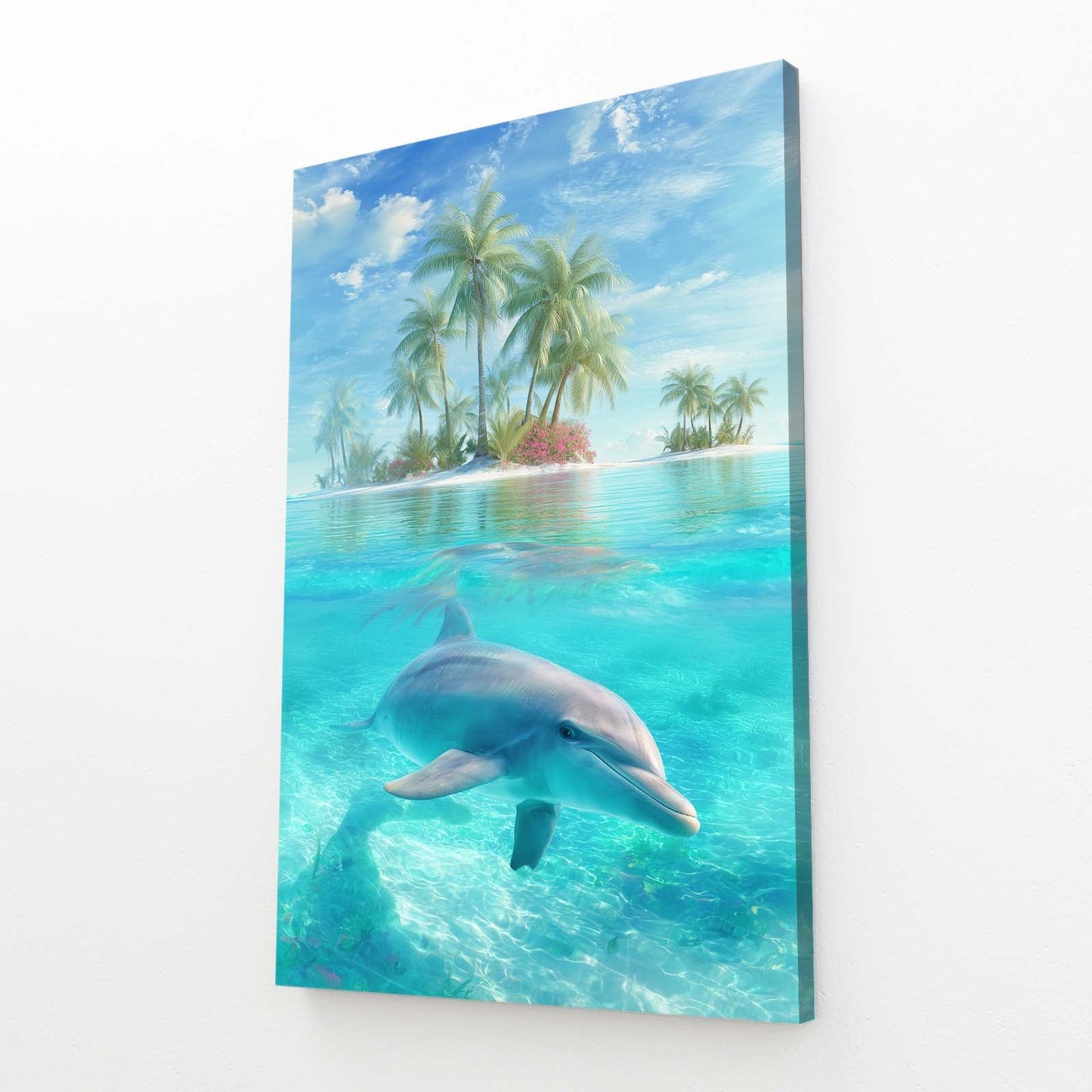 Lagoon Paradise Dolphin Art – angled canvas view on white background