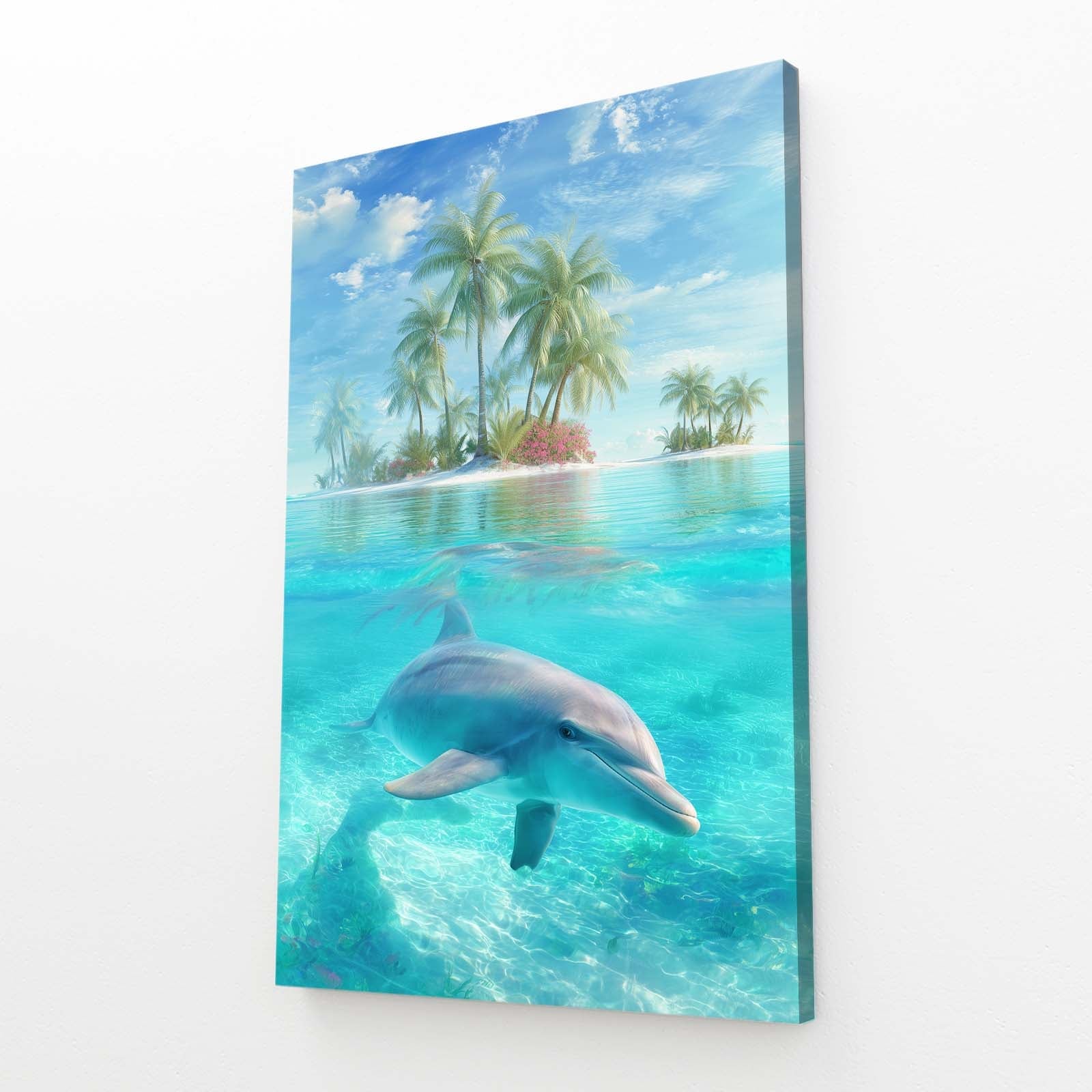 Lagoon Paradise Dolphin Art – angled canvas view on white background