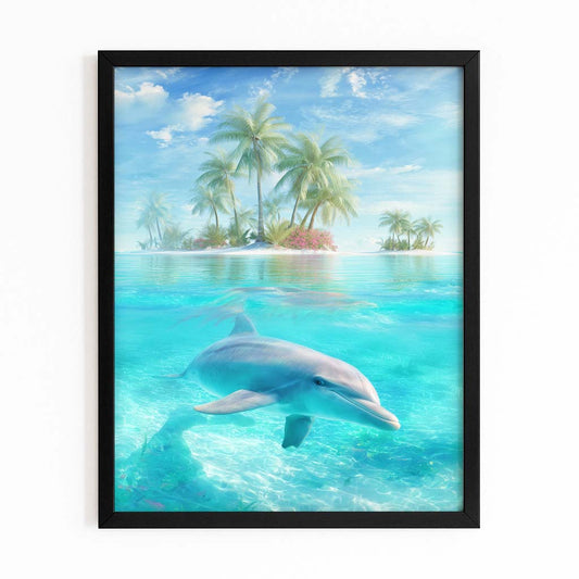 Lagoon Paradise Dolphin Art – with Premium Black wood frame on white background