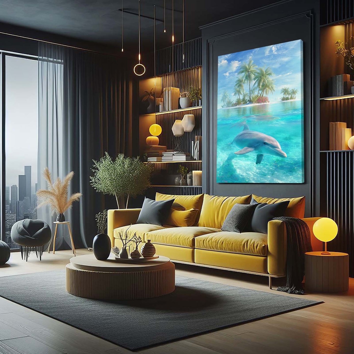 Lagoon Paradise Dolphin Art – styled in a furnished interior