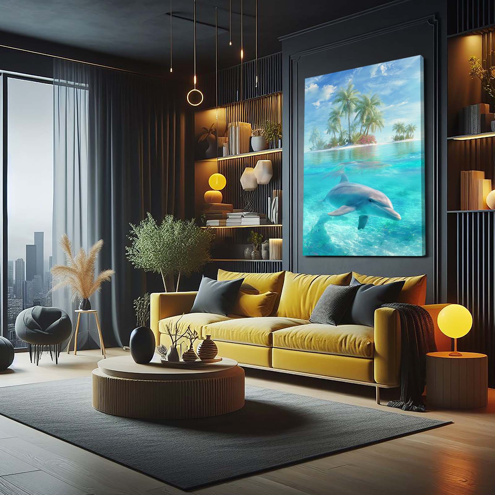 Lagoon Paradise Dolphin Art – styled in a furnished interior
