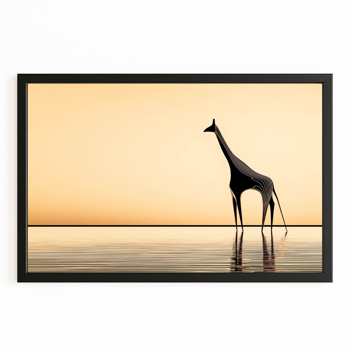 Framed artwork of a giraffe silhouette against an orange sky.
