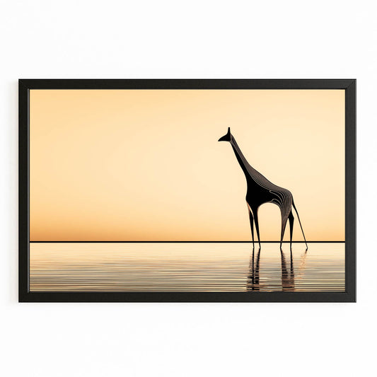 Framed artwork of a giraffe silhouette against an orange sky.