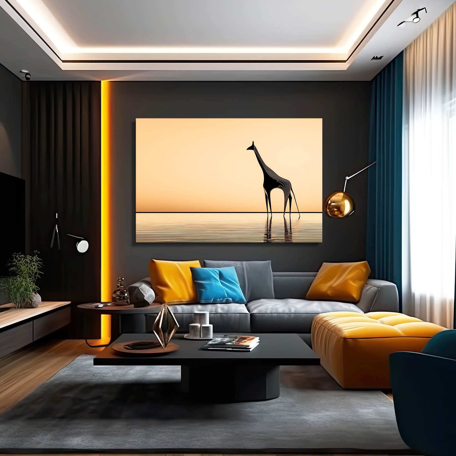Modern living room with a giraffe painting on the wall