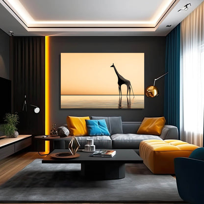 Modern living room with a giraffe painting on the wall