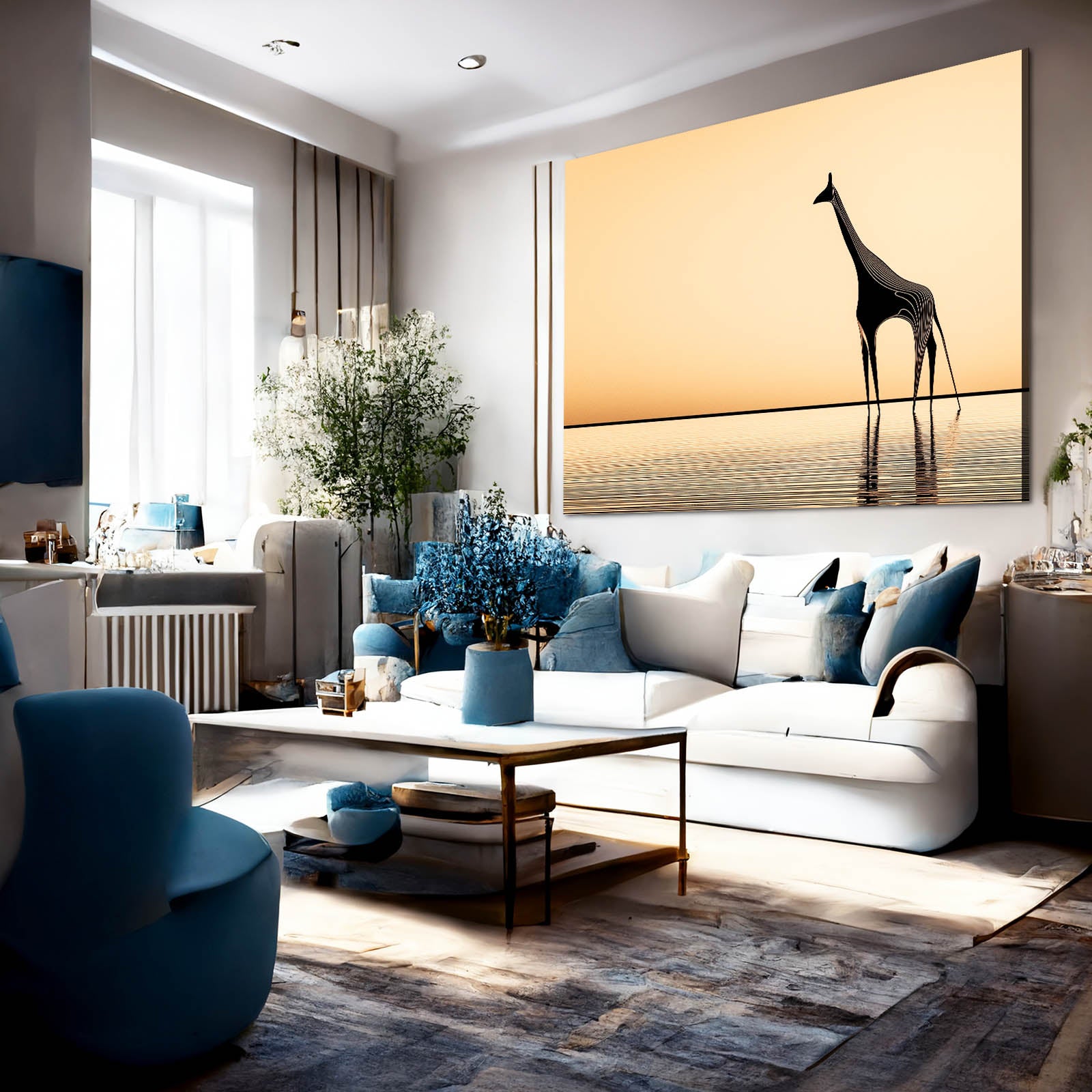 Modern living room with a giraffe painting on the wall