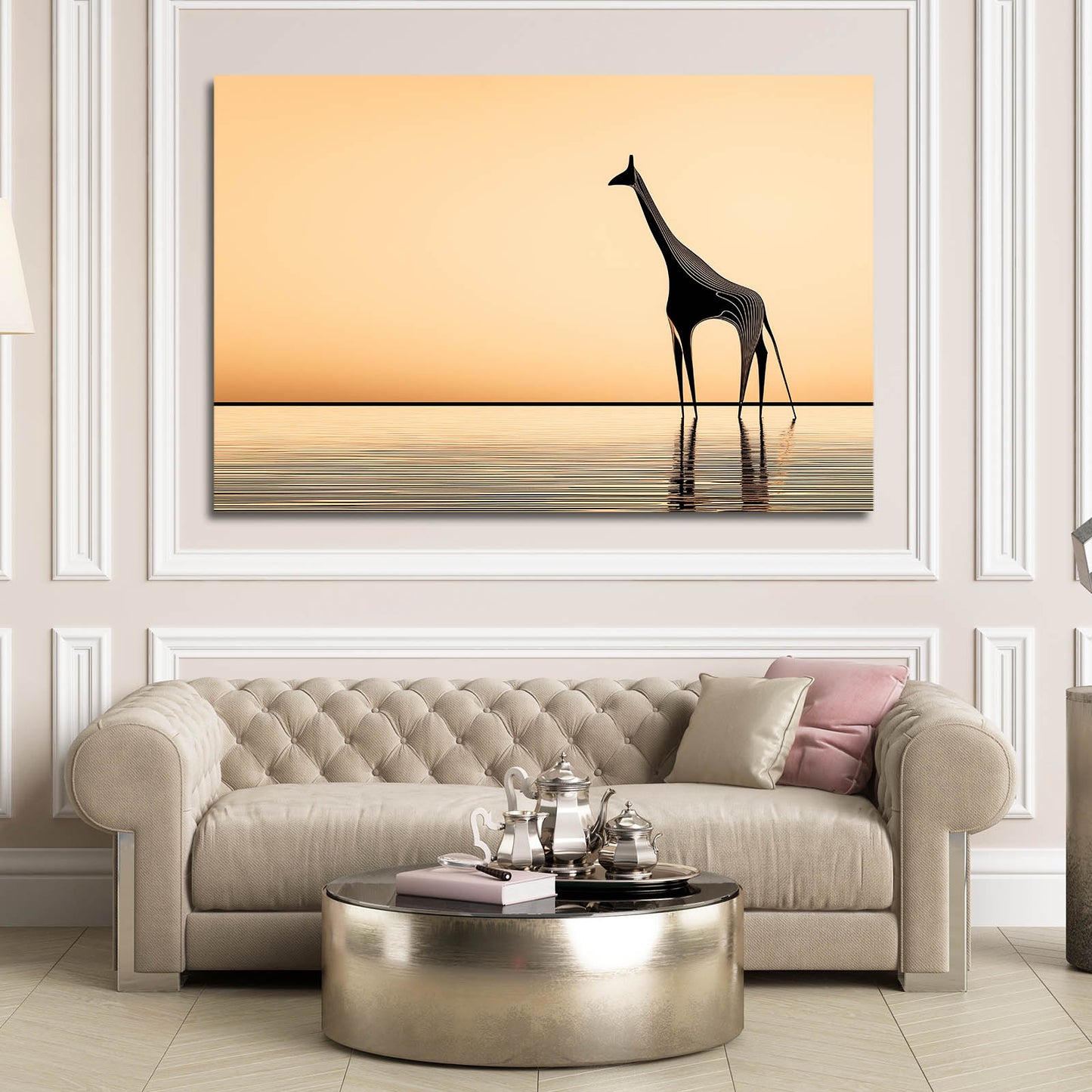 Living room with a couch, coffee table, and wall art of a giraffe.