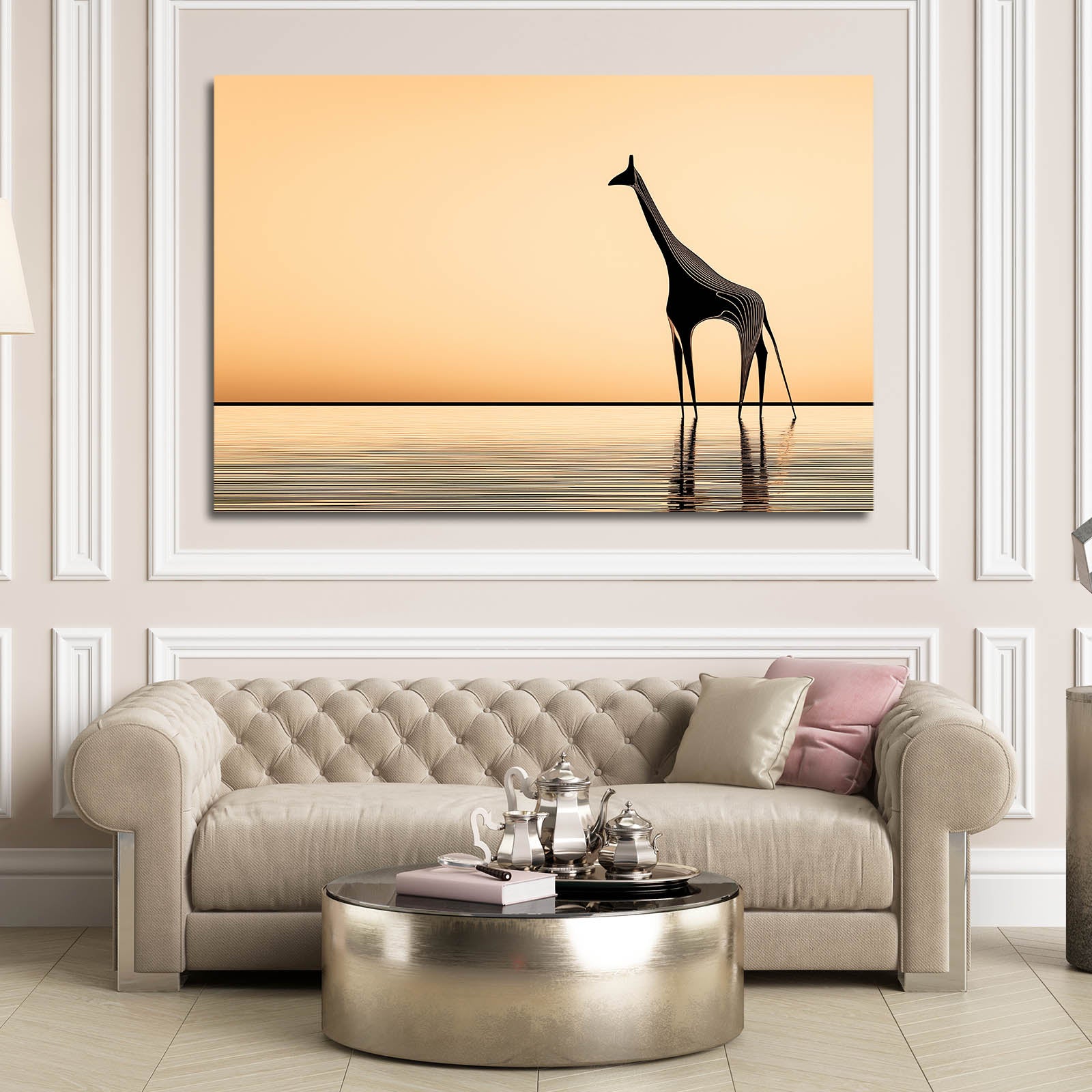 Living room with a couch, coffee table, and wall art of a giraffe.