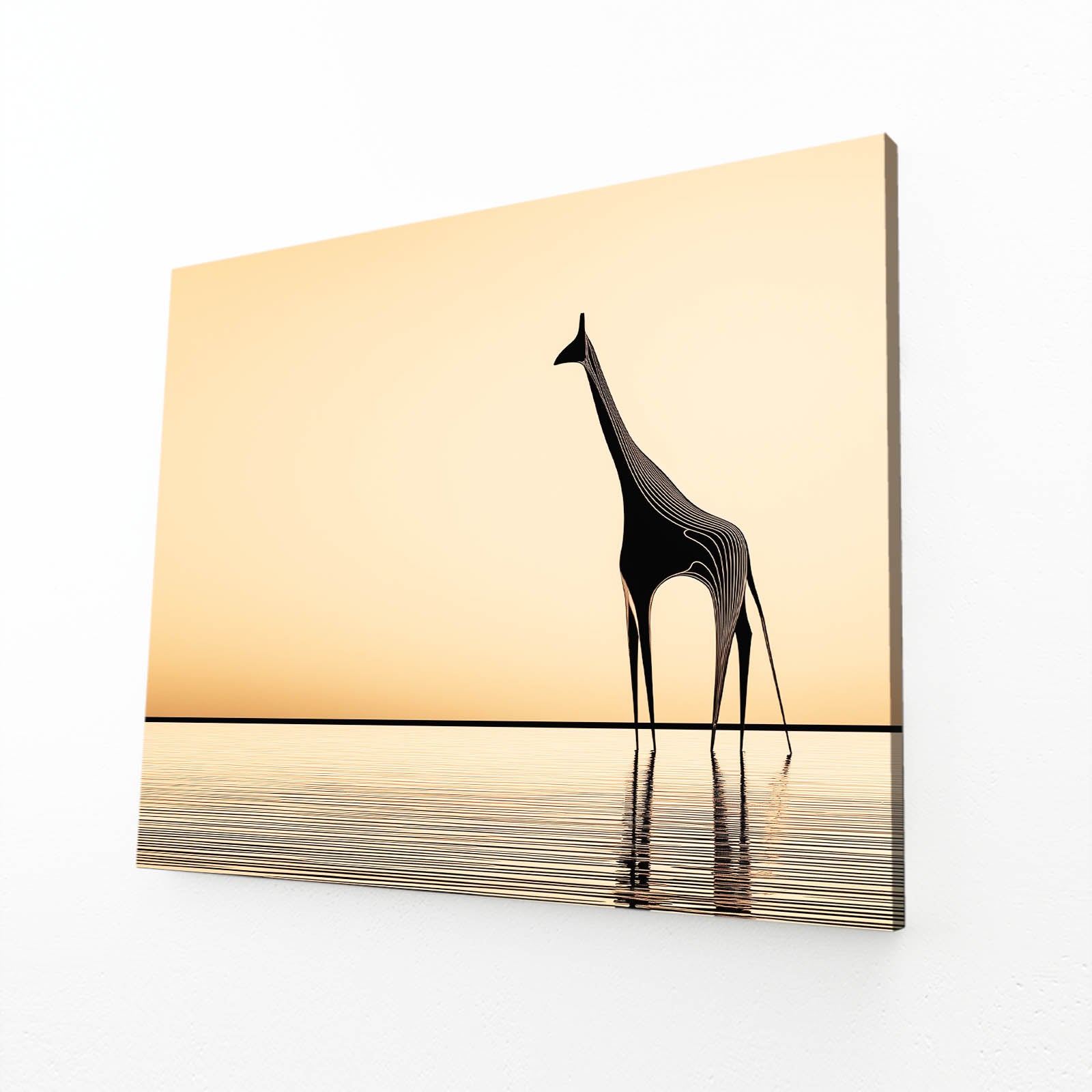 Giraffe silhouette against a sunset sky with water reflection on a decorative panel.