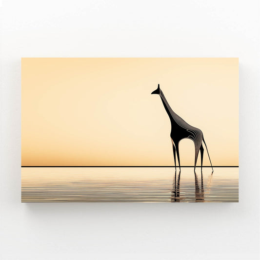 Sculptural giraffe art piece on a reflective surface with a gradient background