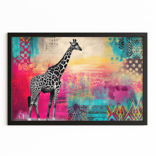 Framed artwork of a giraffe on a colorful abstract background