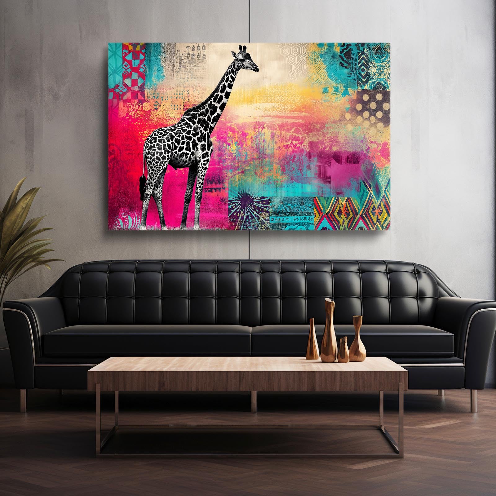 Living room with a black sofa, wooden coffee table, and a colorful painting of a giraffe on the wall.