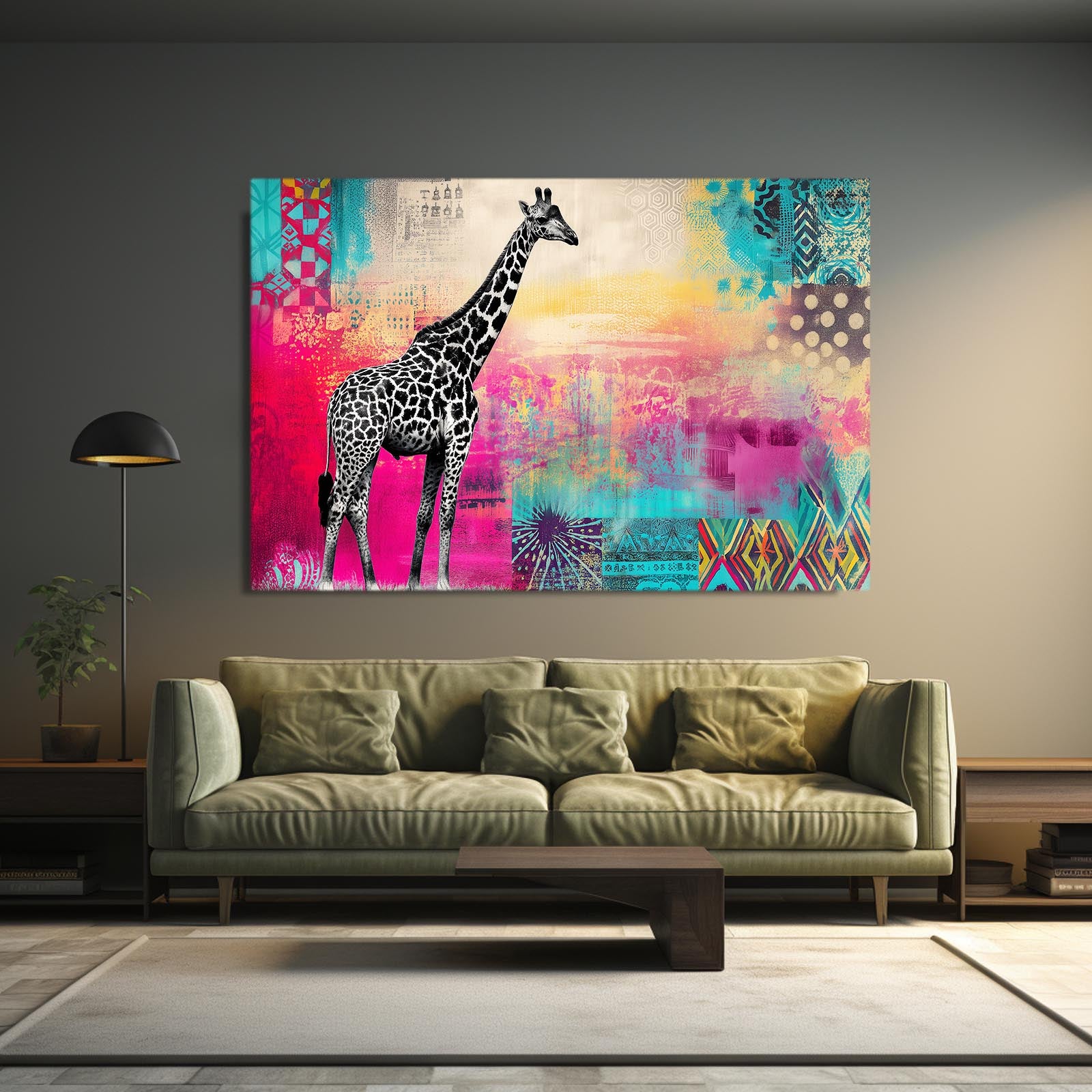 Colorful abstract painting of a giraffe on a wall above a green sofa.