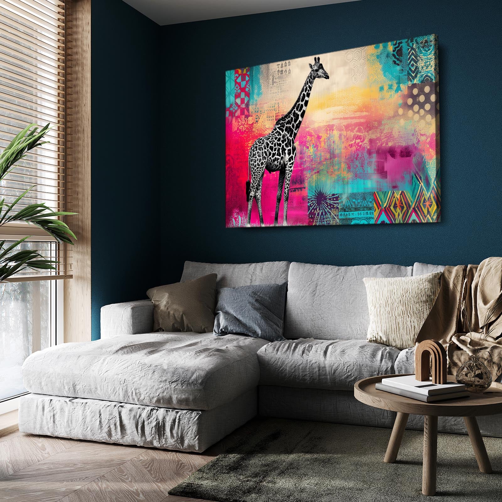 Living room with a gray sectional sofa, wooden coffee table, and colorful abstract giraffe painting on a blue wall.