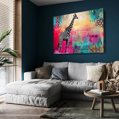 Living room with a gray sectional sofa, wooden coffee table, and colorful abstract giraffe painting on a blue wall.