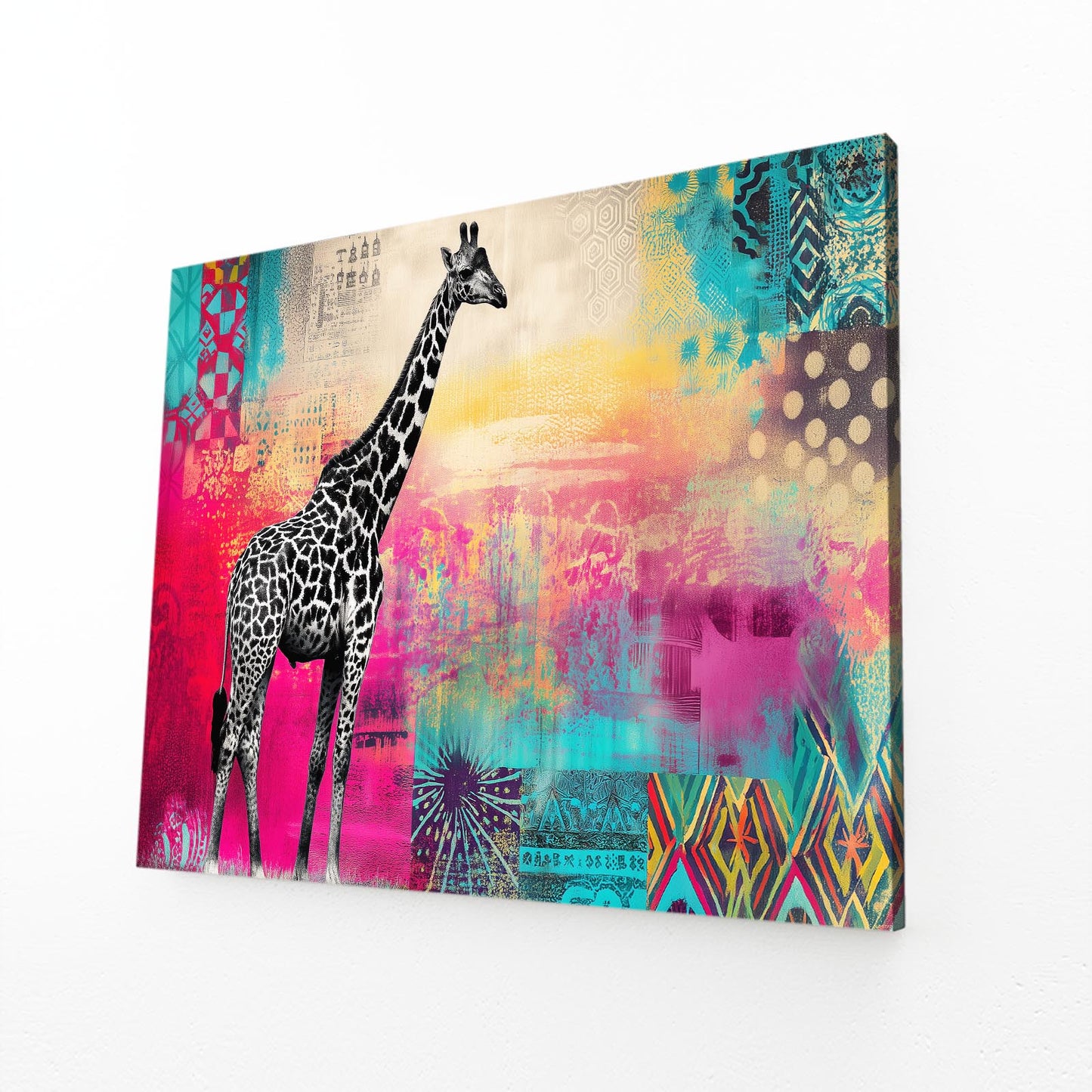 Canvas print with a giraffe on a colorful abstract background