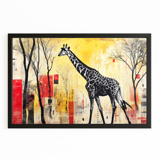 Framed artwork of a giraffe in a stylized forest with abstract patterns
