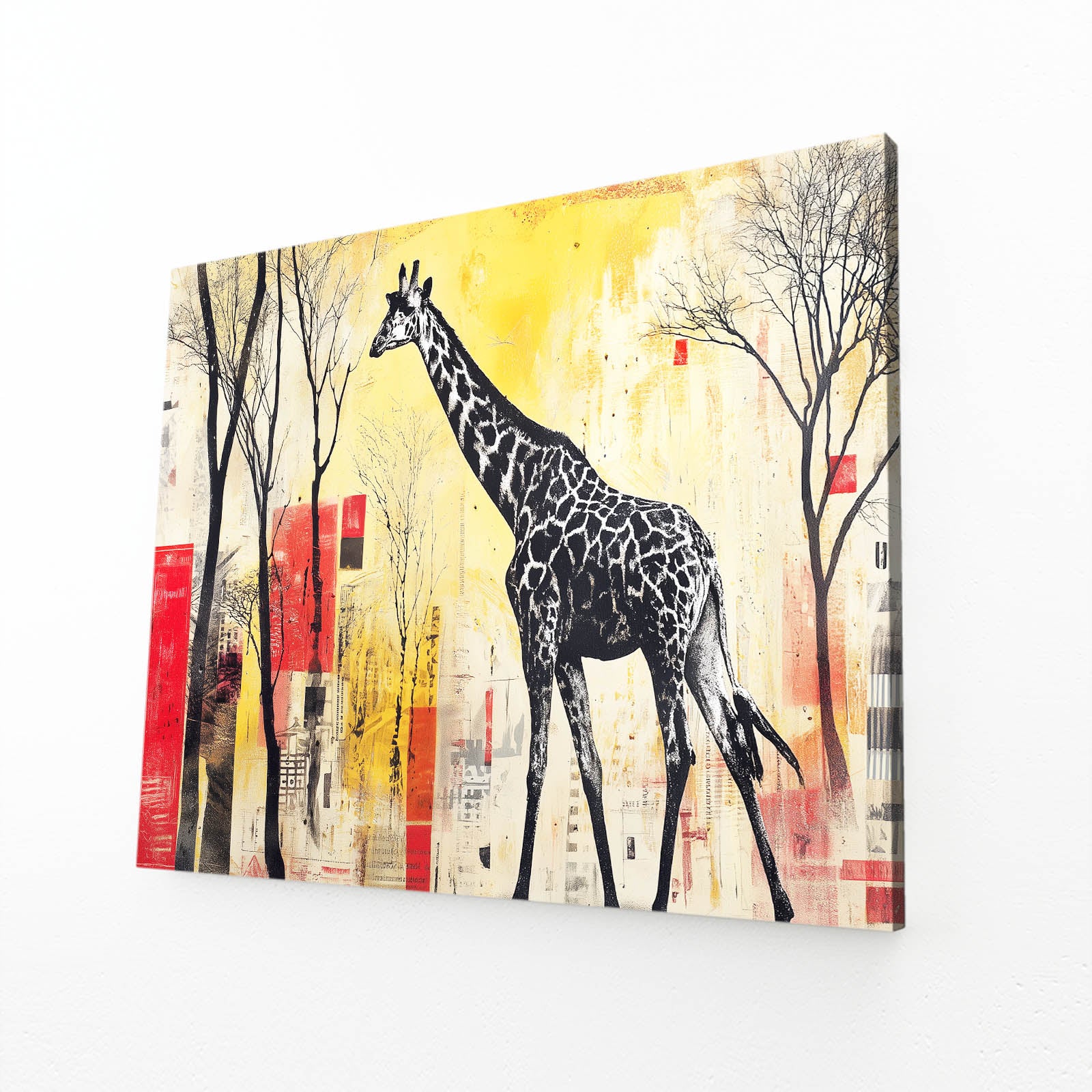 Painting of a giraffe in an abstract landscape with trees and geometric shapes.
