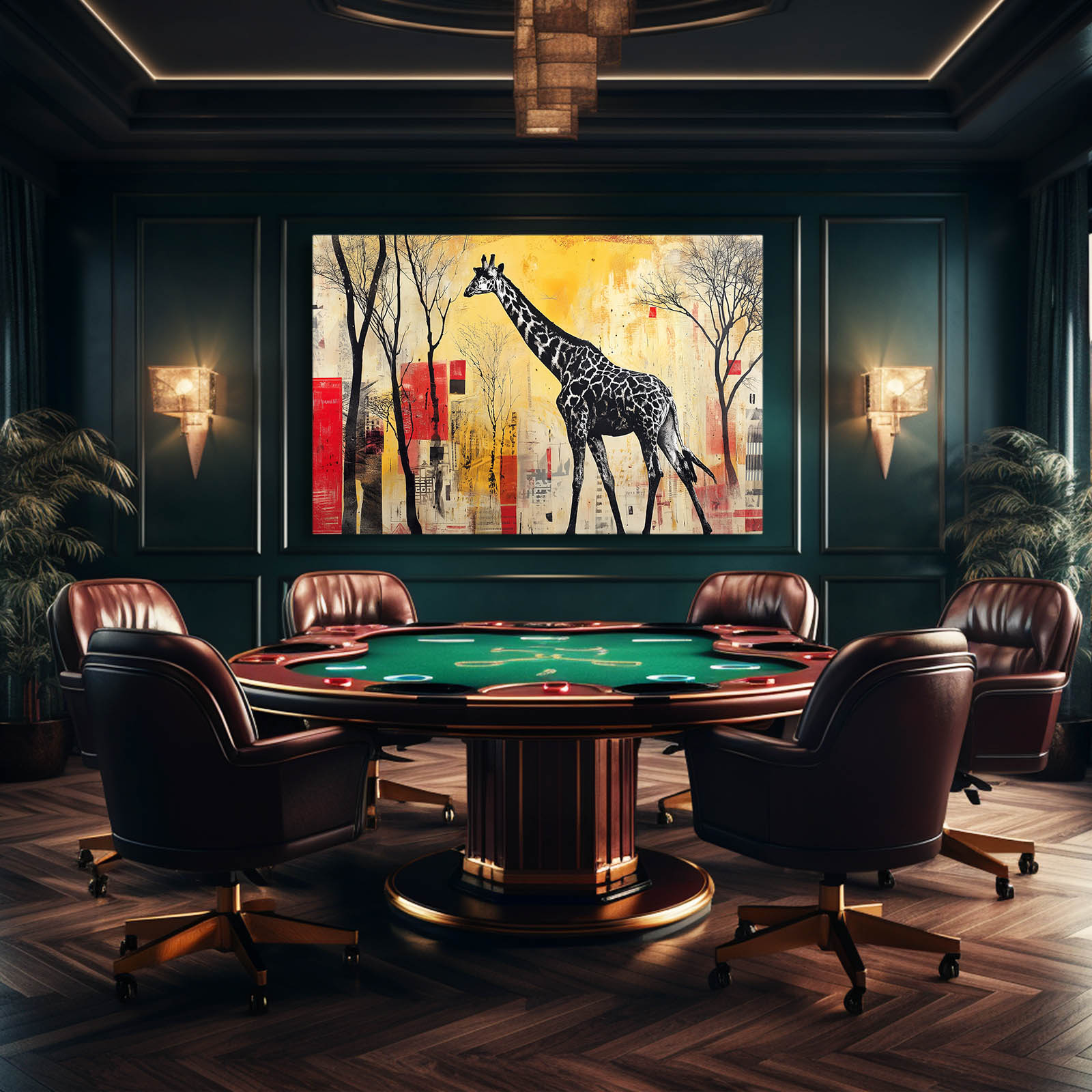 Luxury gaming room with a poker table and chairs, featuring a painting of a giraffe on the wall.