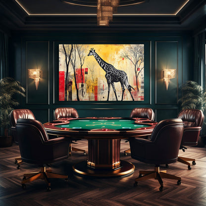 Luxury gaming room with a poker table and chairs, featuring a painting of a giraffe on the wall.