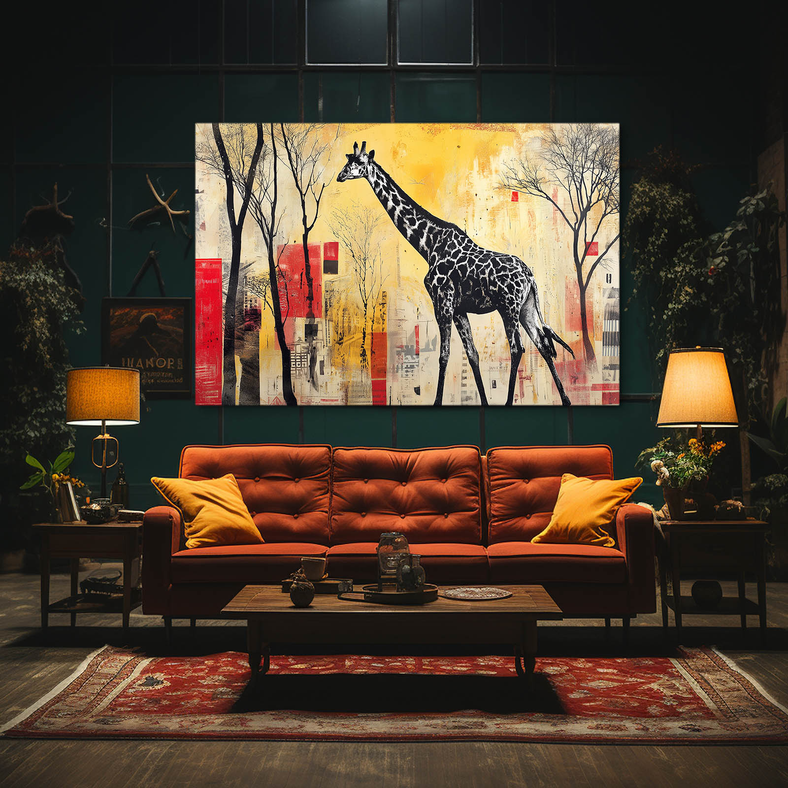 Living room with a red sofa, coffee table, and wall art of a giraffe.