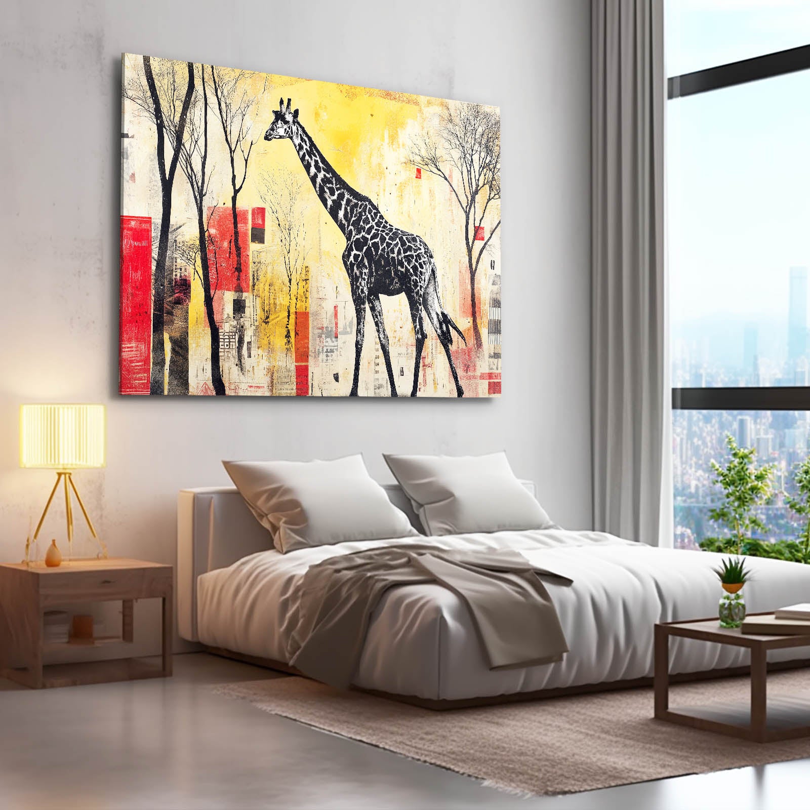 Modern bedroom with a large abstract painting of a giraffe on the wall.