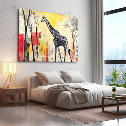 Modern bedroom with a large abstract painting of a giraffe on the wall.