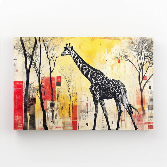 Painting of a giraffe in an abstract landscape with trees and geometric shapes.