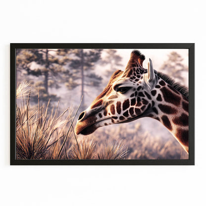 Framed artwork of a giraffe in a natural setting with trees and grass.