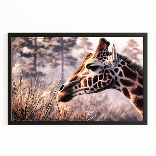 Framed artwork of a giraffe in a natural setting with trees and grass.