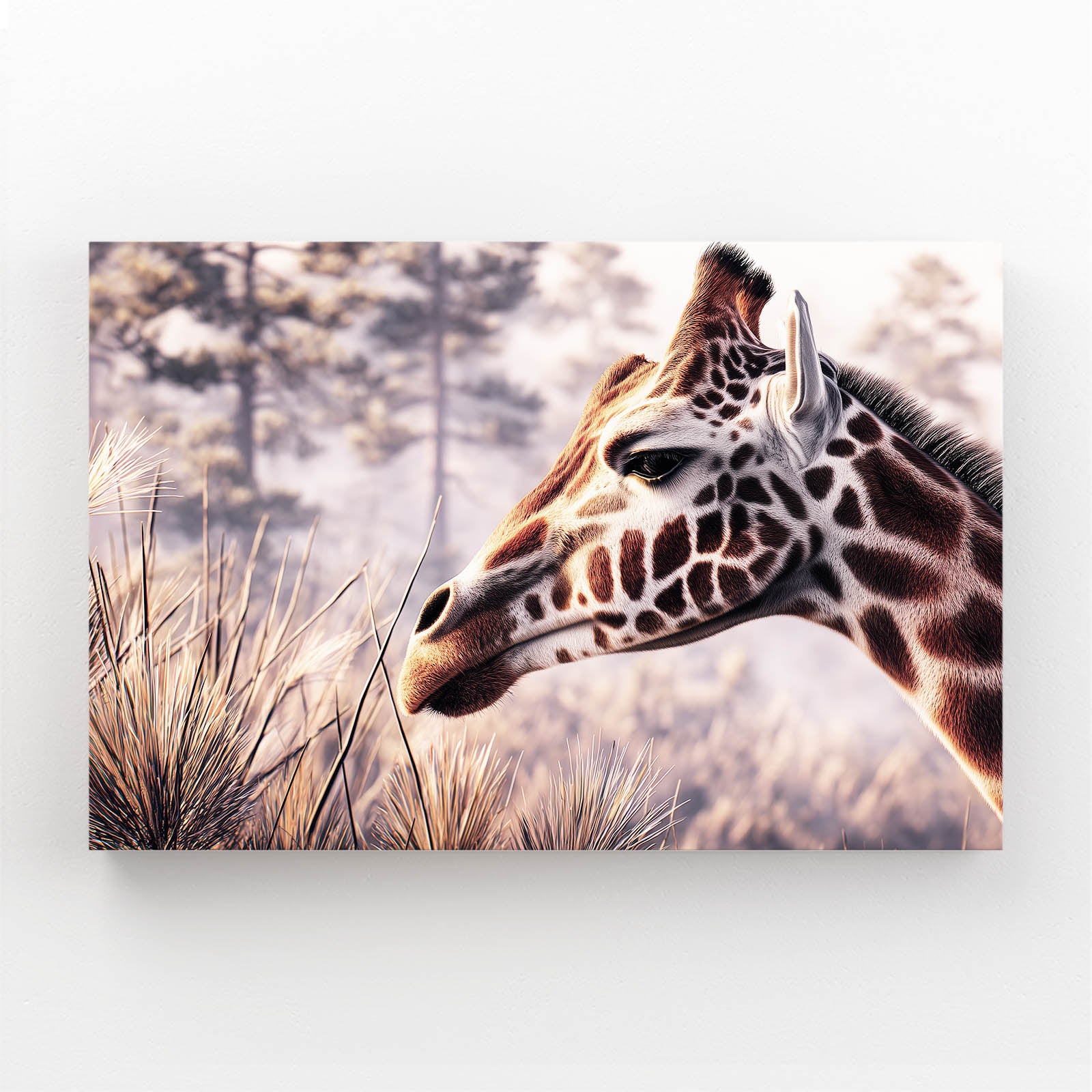 Giraffe peeking over a grassy landscape with a blurred background