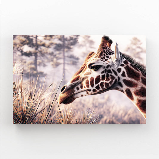 Giraffe peeking over a grassy landscape with a blurred background
