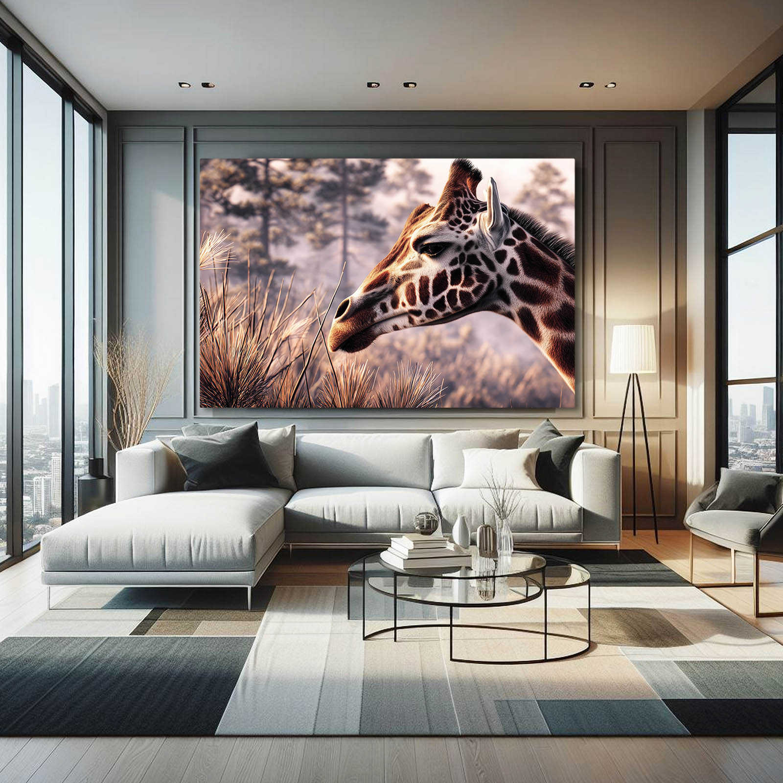 Modern living room with a giraffe painting on the wall